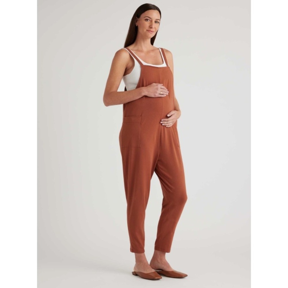 Quince Organic Cotton Maternity Overalls Rust Brown Size Large